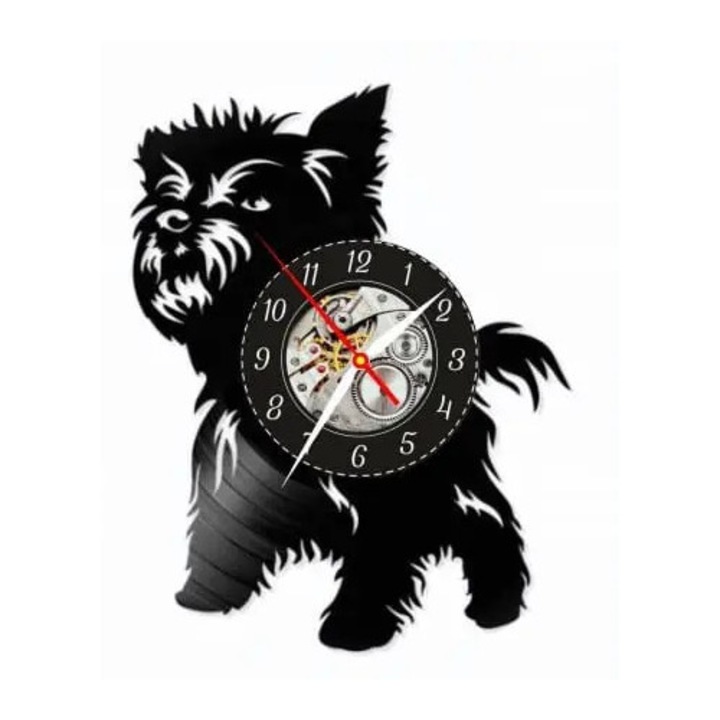 Dekoratív falióra "Yorkshire Terrier", kézzel készített bakelitlemezből (Vinyl Record), Yorkie kutya design, Fekete