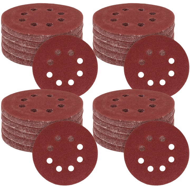 200 db öntapadós csiszolókorong készlet 125mm, Falon-Tech, P60-P120 szemcseméret, 8 lyuk, fához és fémekhez