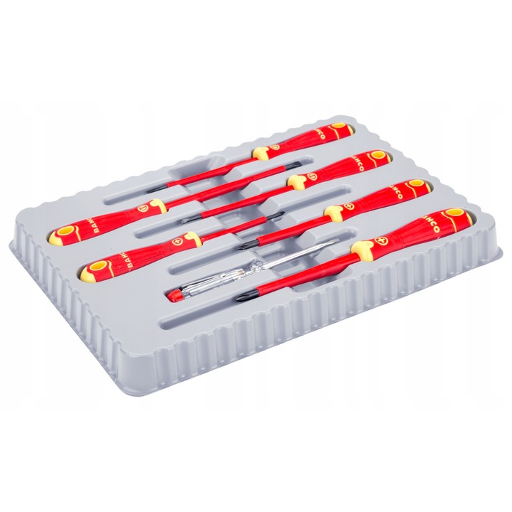 Комплект 7 изолирани отвертки Bahco FIT, 6 отвертки и фазомер, 0.5x3.0x100cm, 0.8x4.0x100cm, 1.0x5.5x125cm, PH0x75cm, PH1x80cm, PH2x100cm, тестер 0.6x3.0x65cm