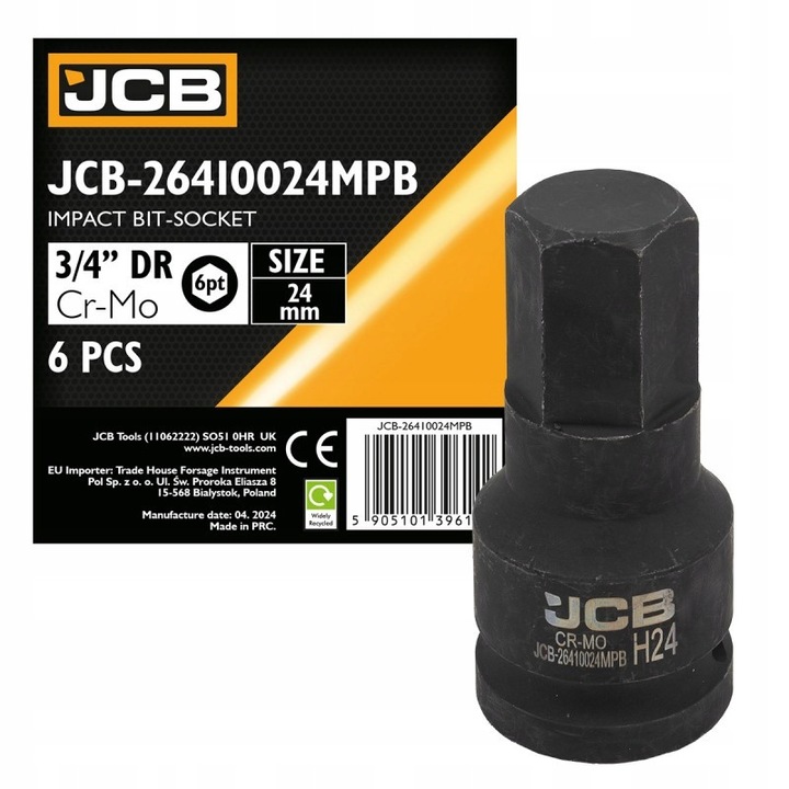 JCB 3/4" ütvecsavarozó dugókulcs, 24 mm, 6-lapú, 80 mm hosszú, Cr-Mo