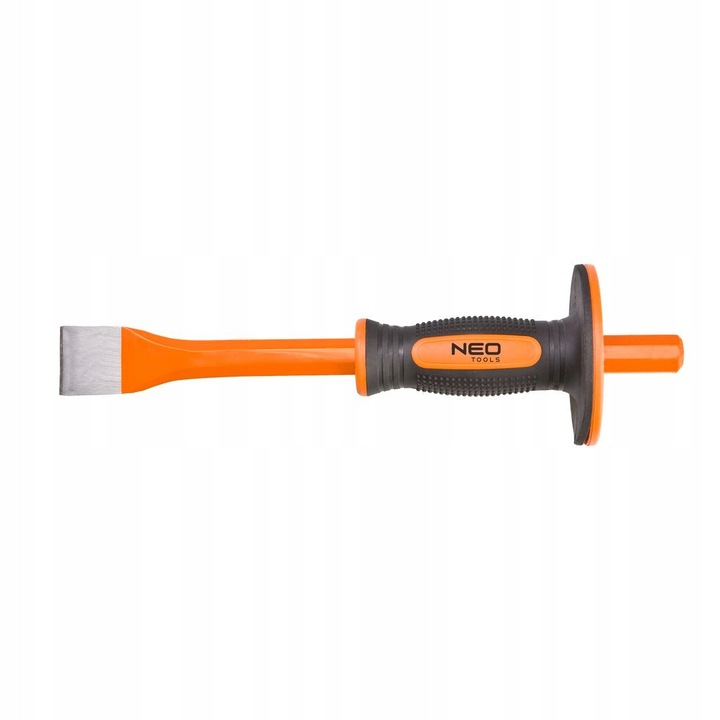 Длето NEO TOOLS 33-083, CrV стомана, дължина 300 мм, плоско острие 50 мм, шестостенна опашка 18 мм, противоплъзгаща дръжка с предпазител, оранжево/черно, 1 бр