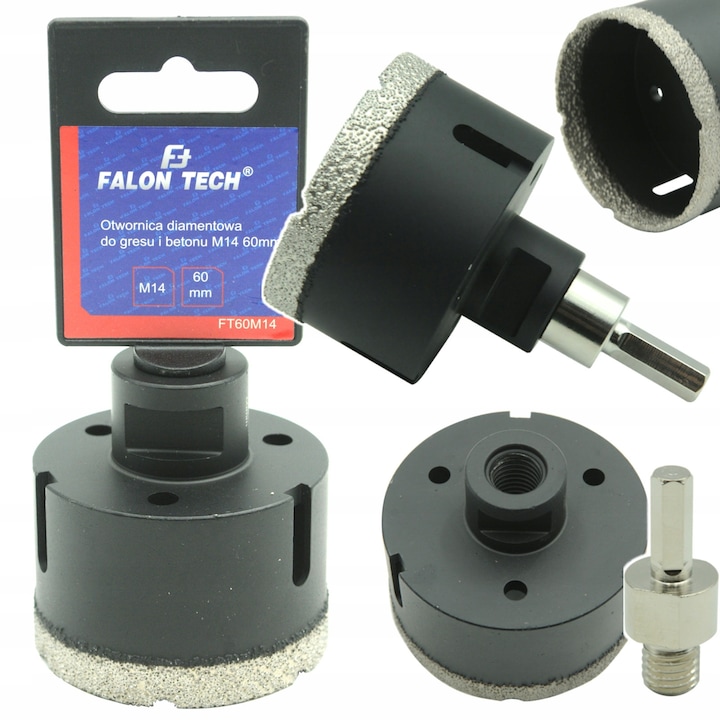 Falon-Tech gyémánt fúrókészlet 60mm, matt fekete, M14, csempéhez, gránithoz, márványhoz, kerámiához, természetes kőhöz