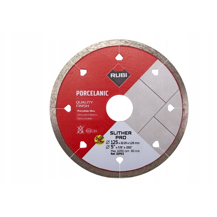 Rubi SLITHER PRO gyémánttárcsa 125mm, 1,25mm vastagság, 22,2mm belső átmérő, porcelán burkolólapokhoz