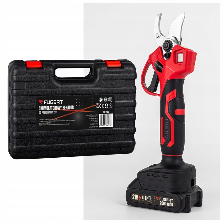 Fugert FUG-0134 akkumulátoros elektromos metszőolló, 2x21V, 30mm, 2 akkumulátor, LCD kijelző
