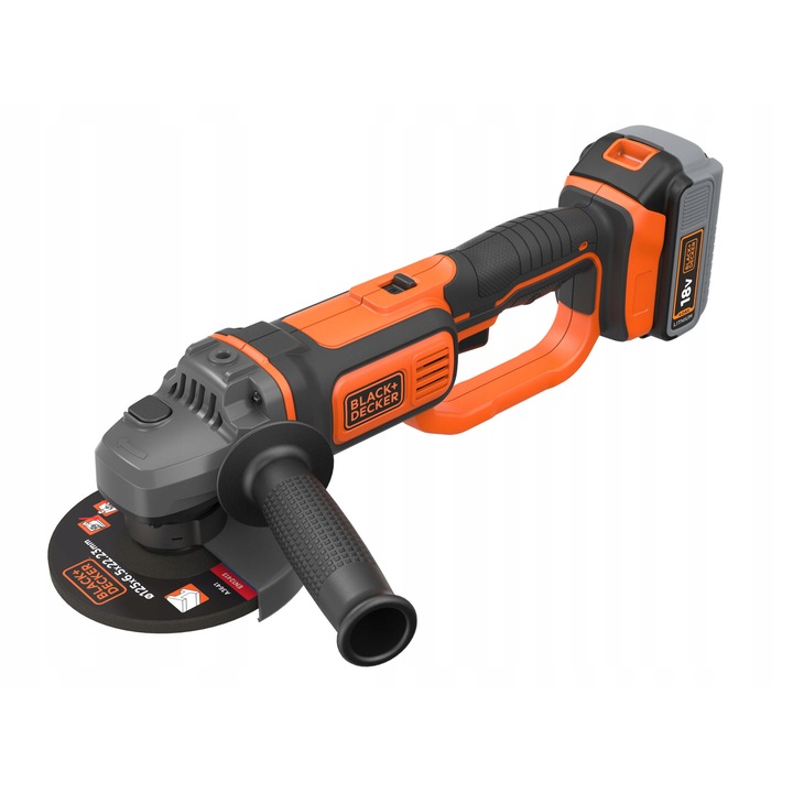 Black+Decker sarokcsiszoló 18V 4.0Ah 125mm, kiegészítő fogantyúval, súly 2,1 kg, komplett készlet