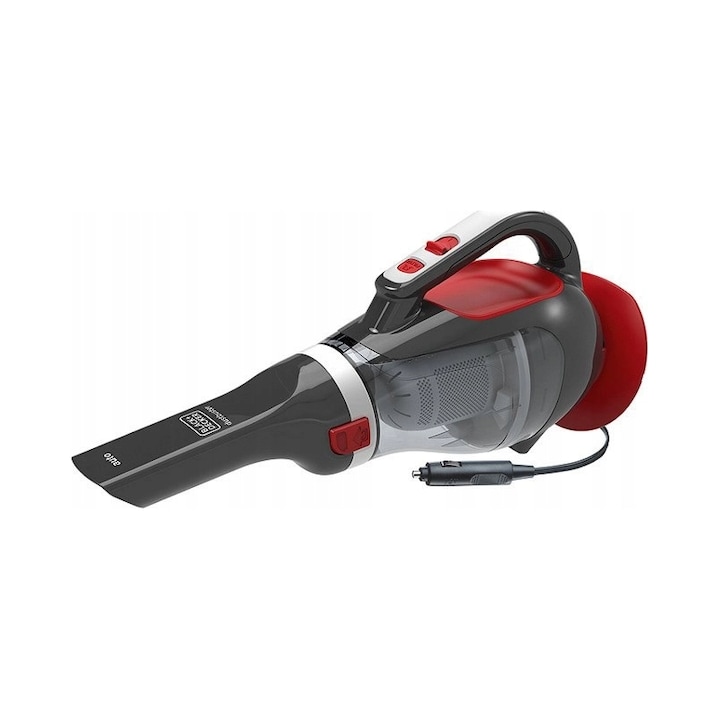 Aspirator auto Black+Decker ADV1200, 12V, functie Cyclonic, 5m cablu, gri-rosu, set complet