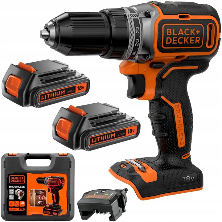 Black+Decker BL186K1B2 fúró-csavarozó, 18V, 52Nm, készlet 2 db 2.0Ah akkumulátorral, töltővel, kofferrel