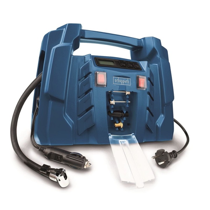 Kompresor auto Scheppach Air Force 5, 12V/230V, 8 bar, 27x20x11,5cm, set cu 2 cabluri electrice si 4 capete