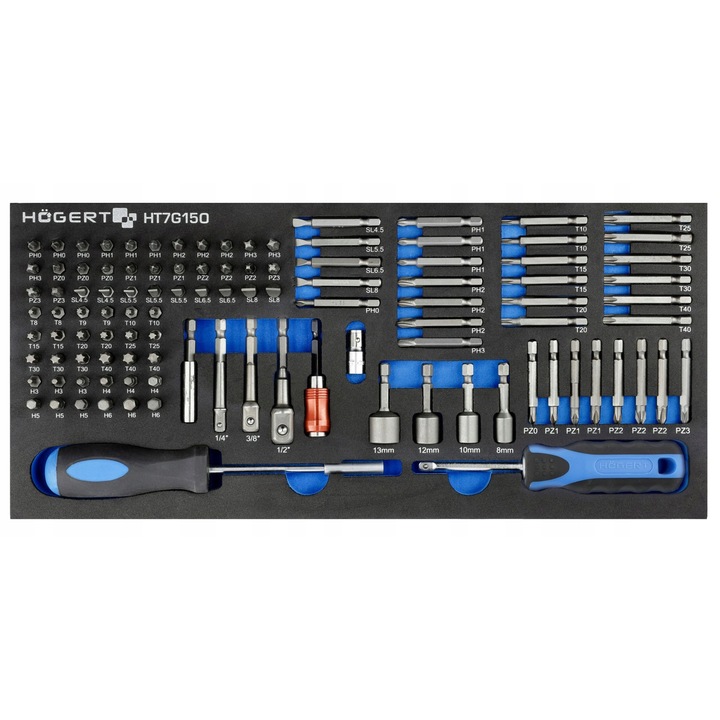 Set de 107 capete pentru surubelnite Hogert Technik, din otel S2, cu suporturi magnetice, 1/4"