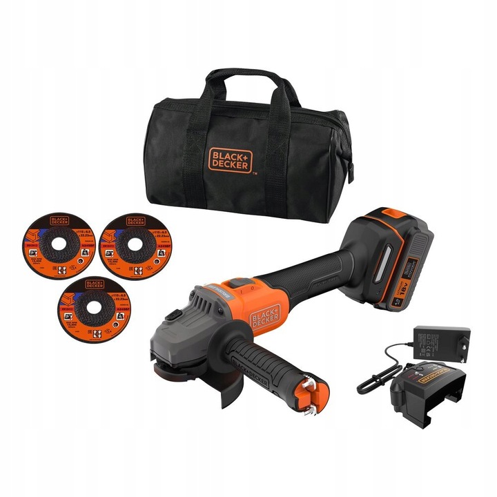 Black Decker sarokcsiszoló 115mm 18V, 4,0Ah, 3 tárcsa szett, táska