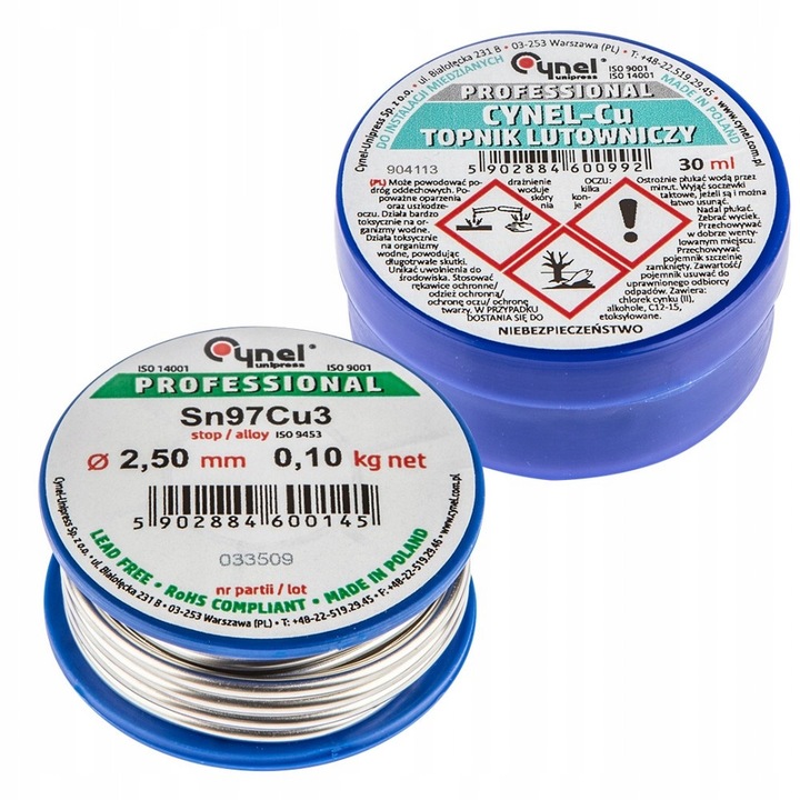 CYNEL forrasztókészlet, 2.5 mm huzal, 97% Sn, 3% Cu, 100 g, 27 g