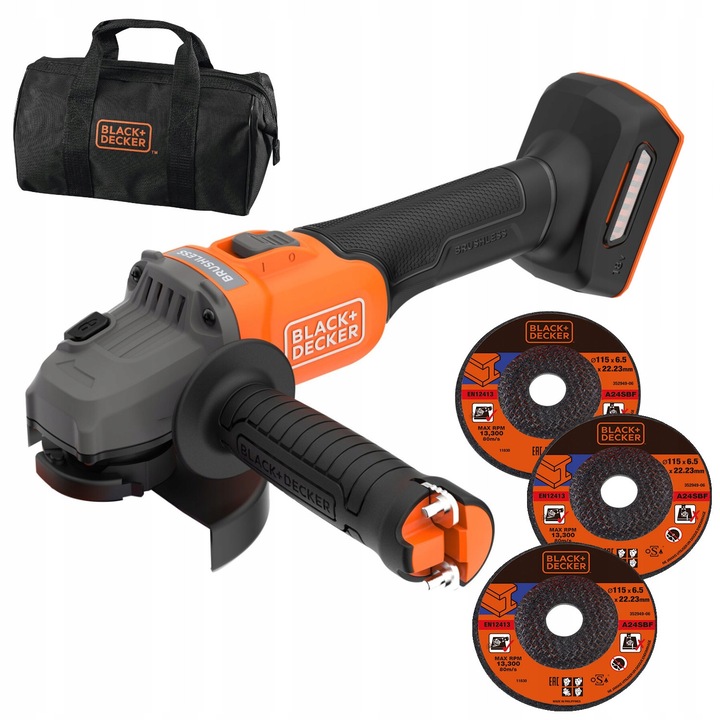 Black Decker BCG6L8N sarokcsiszoló, 115mm, 18V, 3x fém vágótárcsa, táskával