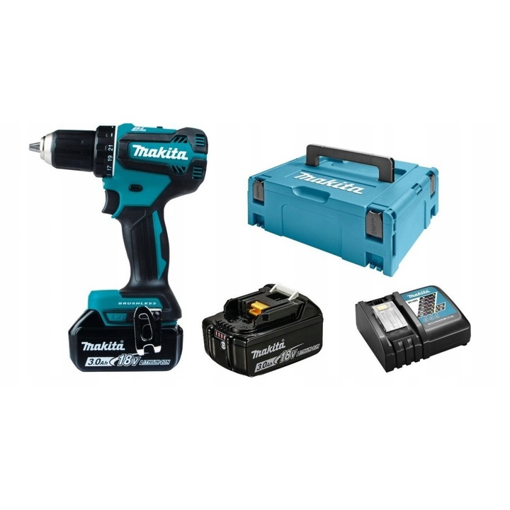 Set wiertarko-insurubare cu acumulator, Makita, DDF485RFJ, 2 viteze, 18V, 1,4-1,7 kg, 169x79x255mm