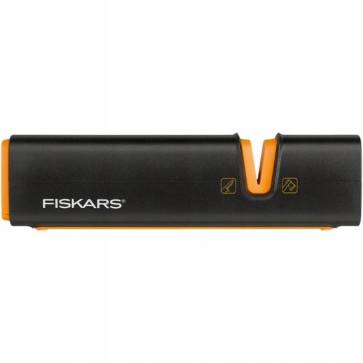 Острилка Fiskars XSharp 120740, двойна керамична точилка 2-в-1 за брадви и ножове, противоплъзгаща основа, черно/оранжево, 16,5 см