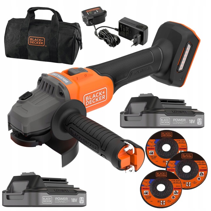 Black Decker BCG6L8D2S 18V 115mm sarokcsiszoló, 2x 2Ah akkumulátor, 3x fém vágótárcsa, táska