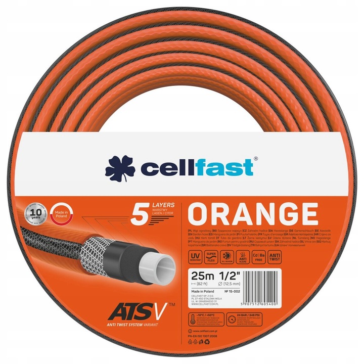 Cellfast Orange ATSV kerti tömlő, 5 rétegű, ATSV csavarodásmentes, narancssárga, 25 m, 1/2" (12,5 mm)