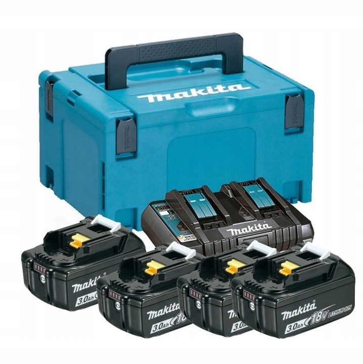 Set acumulatori si incarcator Makita, 4 x 6,0 Ah, 18 V, cu valiza Makpac, 395x215x295mm