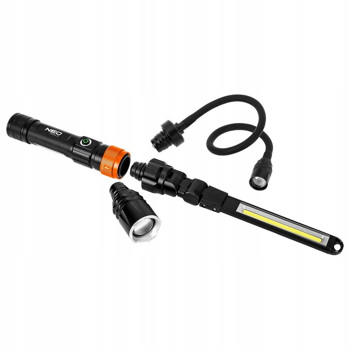 Лампа/фенер 3 в 1 NEO TOOLS, 350 lm COB LED, функция за увеличение и гъвкаво рамо, IP44, Li-Ion батерия 2200 mAh, зареждане USB-C, магнитна основа, Черен, 1 бр.