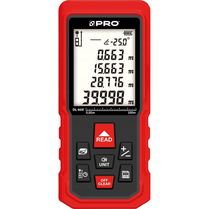 Lézeres távolságmérő Pro DL-60X, 60m, IP54, 118x52x27mm, készlet tokkal és elemekkel
