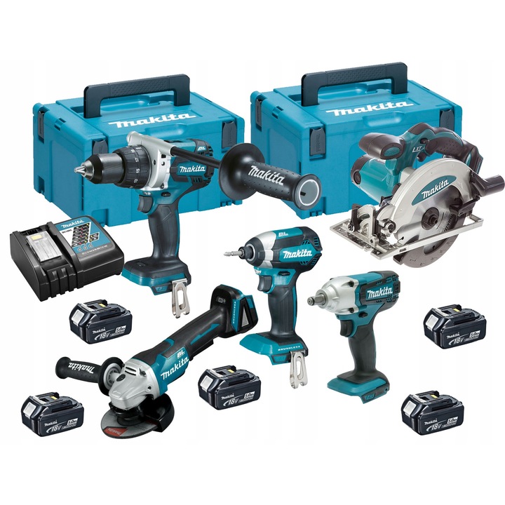 Set unelte electrice Makita, 5 acumulatori 18V, slefuitor unghiular DGA506, feronerie circulara DSS610, masina de gaurit DDF481, surubelnita DTD153, cheie cu impact DTW190