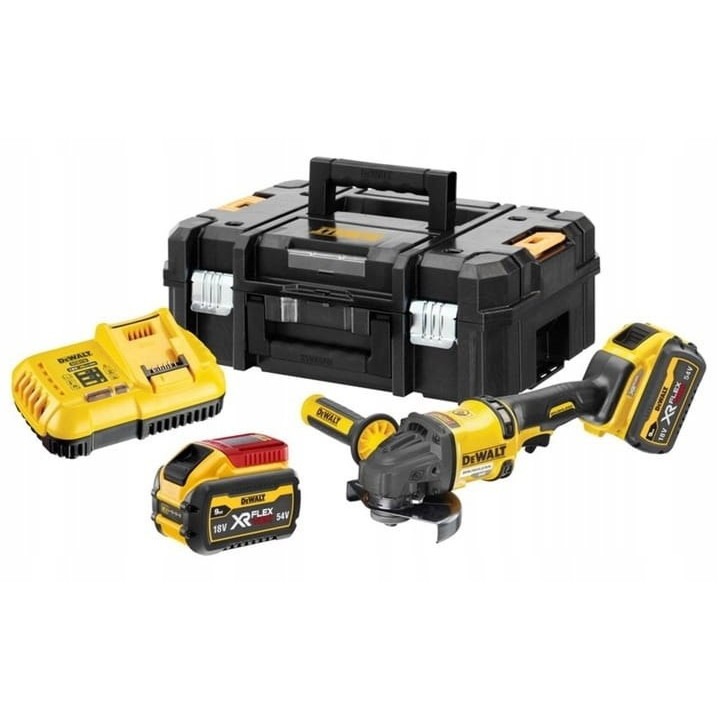 DeWalt FLEXVOLT 54V 2x9Ah 125mm sarokcsiszoló, szénkefe nélküli motor, súly 2.18kg