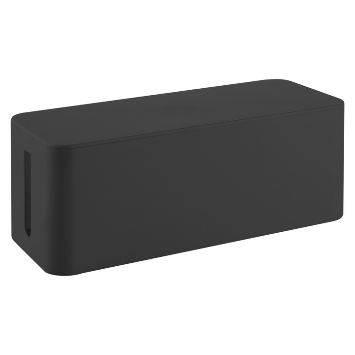 Cutie organizator cabluri Virone CB-1, cable box pentru prelungitoare si adaptoare, cu orificii pentru gestionare cabluri, capac cu inchidere, protectie contra prafului si umiditatii, negru, 407x134x154 mm