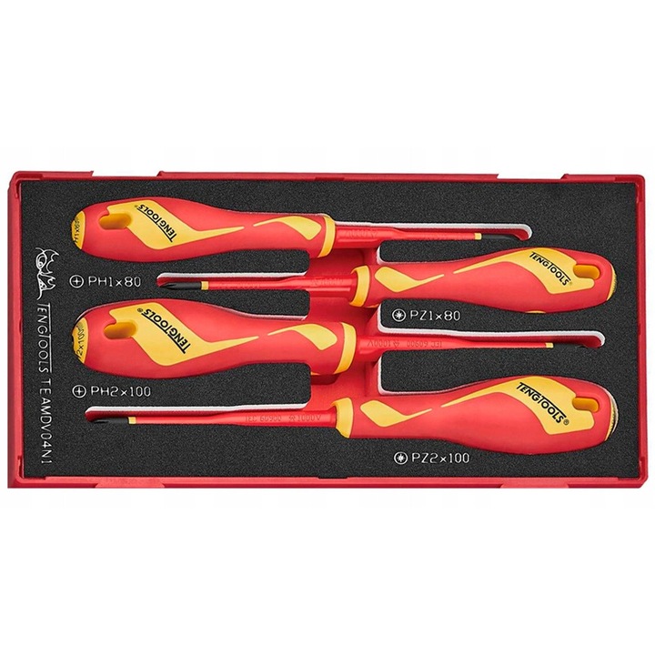 Комплект отвертки VDE 1000V, Teng Tools, PH1x80, PH2x100, PZ1x80, PZ2x100