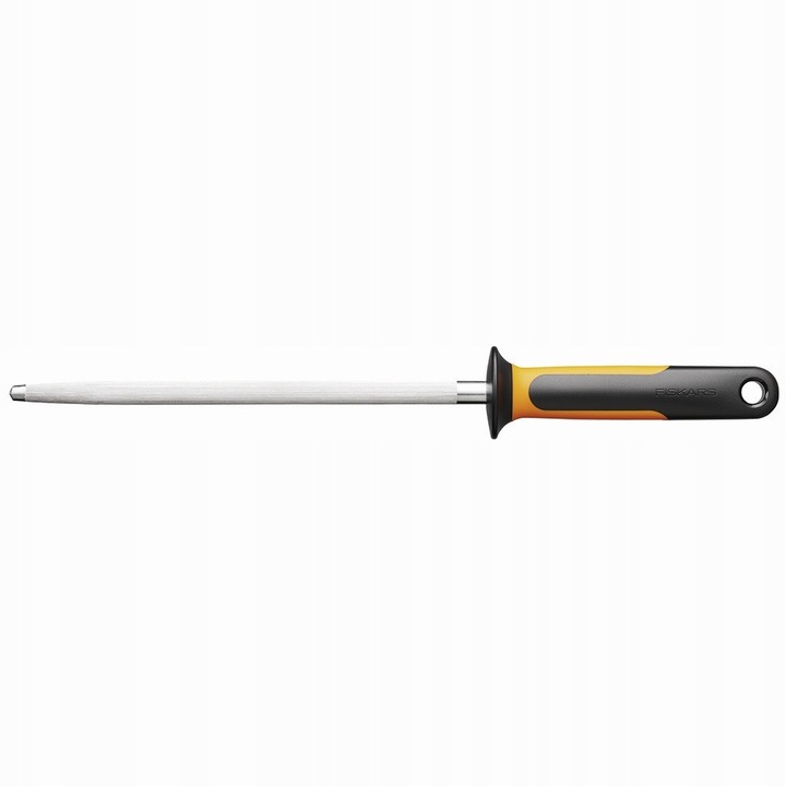 Fiskars Functional Form késélező, rozsdamentes acél élezőrúd, ergonomikus fogantyú ujjvédelemmel, fekete/narancssárga, 20 cm