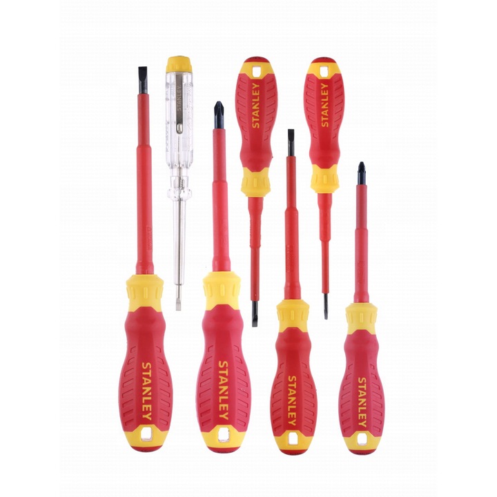 Комплект отвертки Stanley ST-STHT-60031-0, ергономична гумена дръжка, закален връх и хром-ванадиева ос, червен/жълт, 8 части (PZ1 80mm, PZ2 100mm, 2.5x75mm, 3.5x75mm, 4x100mm, 5.5x125mm, тестер 65mm)