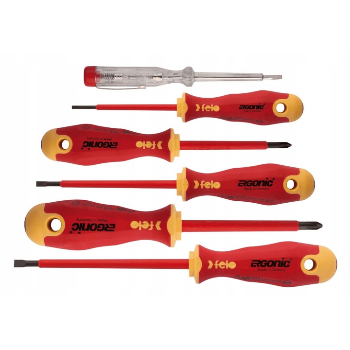 Комплект 5 отвертки Ergonic VDE, Felo, 2,5x75mm, 4,0x100mm, 5,5x125mm, PH1x80mm, PH2x100mm, многоцветни