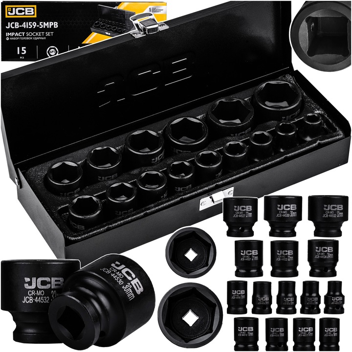 JCB 15 részes 1/2" 6-lapú dugókulcs készlet, méretek 10-32mm, szállítódoboz