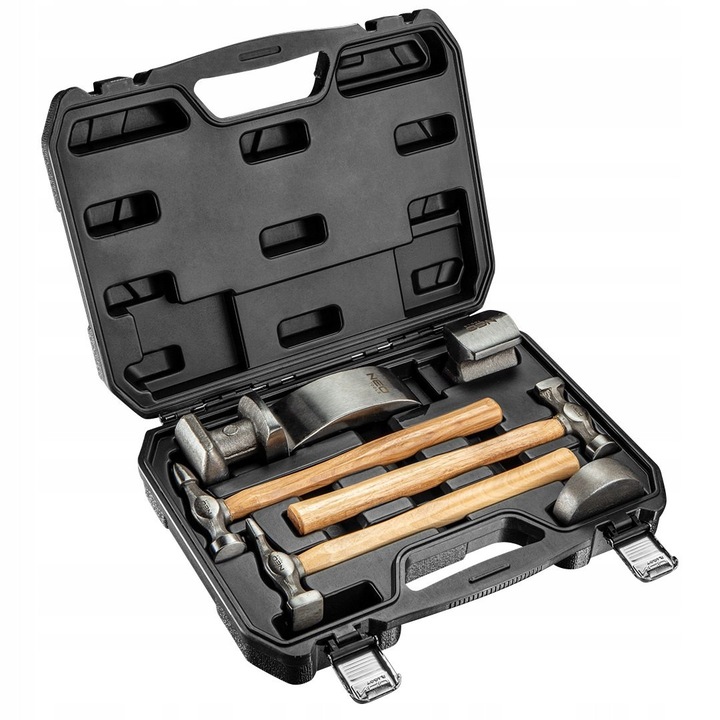 Set ciocane NEO, 7 piese, 3 ciocane cu maner din lemn, 4 suporturi pentru profilare, cutie de transport