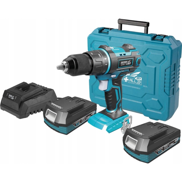 Dedra DED7030A02 szerszámkészlet, akkumulátoros fúró-csavarozó 2x2Ah akkumulátorral, 9 tartozék, 18V, 50Nm, LED