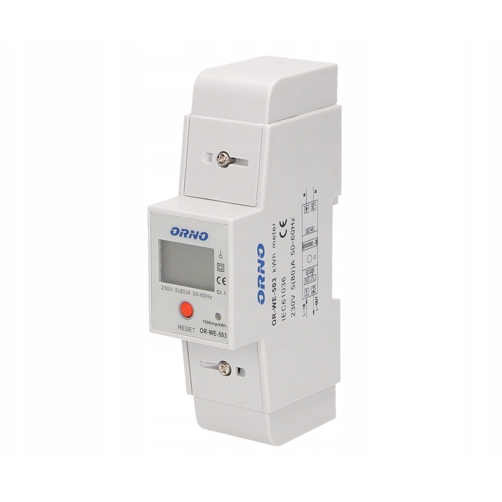 Orno OR-WE-503 egyfázisú energiafogyasztásmérő, 80A, 5A alapáram, 5+1 LCD kijelző, 1000imp/kWh impulzuskimenet, 1-es pontossági osztály, 35 mm-es DIN sínre szerelhető, Fehér