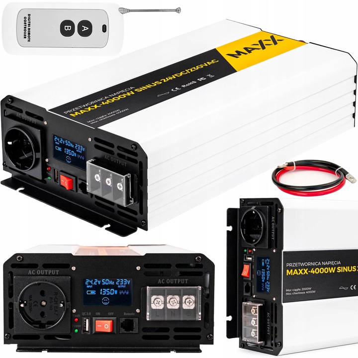 Inverter 24VDC/230VAC Maxx 2000/4000W, szinuszos, távirányítóval, 430x255x140mm, 4.58kg