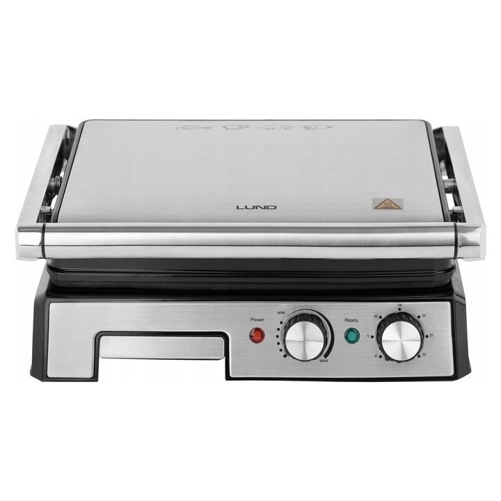 Grill electric Lund, 2000W, cu timer 30 min, placi antiaderente reglabile 180° si ajustabile pe inaltime, 29,5 x 24 cm, negru/inox
