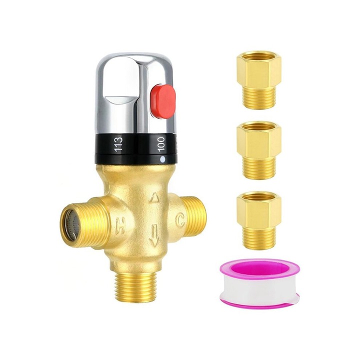 Termosztatikus keverőszelep, hőmérséklet-szabályozással, 1/2 NPT, 3 adapter, szín: fémes, anyag: sárgaréz