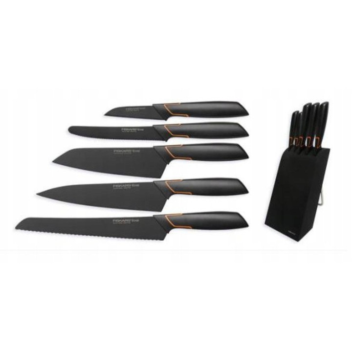 Комплект 5 ножа Fiskars Edge, японска неръждаема стомана, блок за съхранение, черен