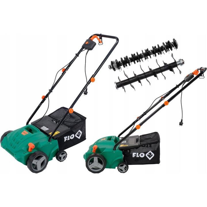 Flo elektromos gyepszellőztető 1500W, 320mm munkaszélesség, 12mm maximális mélység, 2 késes henger, 45l kosárkapacitás.