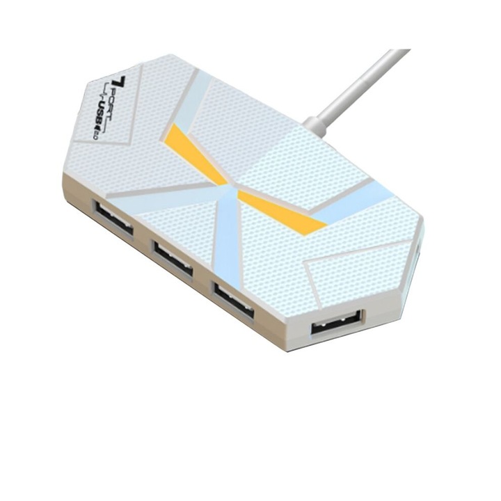USB 2.0 elosztó 7 portos fehér 0,6cm Type-C adapterrel