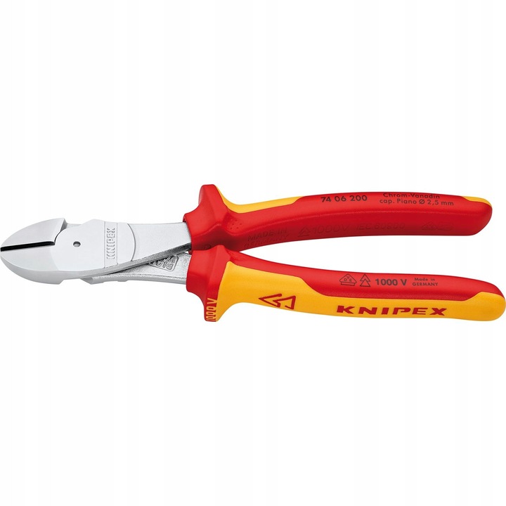 Knipex 74 06 200 oldalcsípőfogó, 200mm, akár 4,2mm átmérőjű huzalhoz, VDE szigetelt