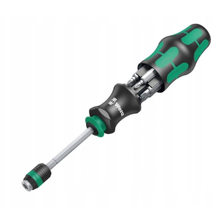 Комплект от 7 части, отвертка с битове Wera Kraftform 20A, дръжка Rapidaptor с магнит и адаптер 1/4, битове PH1 PH2 PZ1 PZ2 1.0x5.5 1.2x6.5, черен/зелен