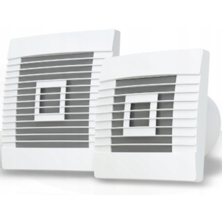 Ventilator de perete airRoxy Prestige ZGHS+TS, cu senzor de umiditate si temporizator, cu jaluzele gravitationale, alb, O100 mm
