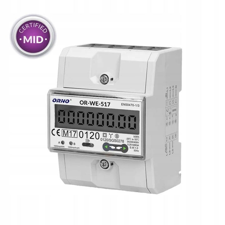 Contor energie electrica Orno OR-WE-517, trifazic, multitarif, conform MID, Modbus RS485, port optic IR, 80A/5A, 1000 imp/kWh, Alb, 1 buc.