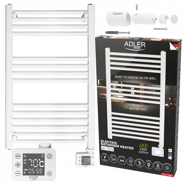 Електрически радиатор за баня Adler AD 7824, 600W, 14 ребра, бял, 50x5.3x90см