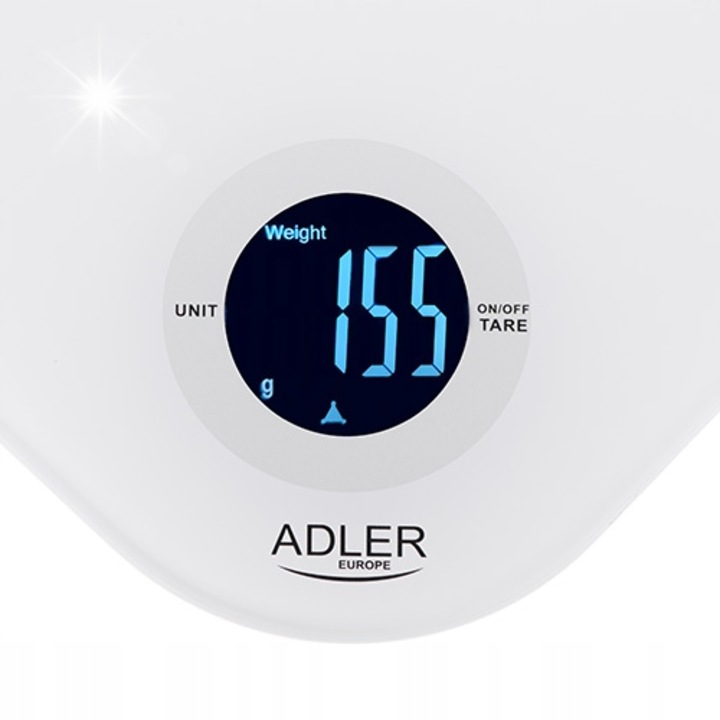 Cantar de bucatarie Adler AD 3180, precizie 1g, sticla securizata, 218x218mm, alb
