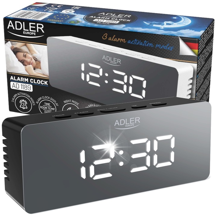 Ceas desteptator Adler AD 1189 negru 14.8x5.5x8.2cm cu afisaj data si temperatura interior