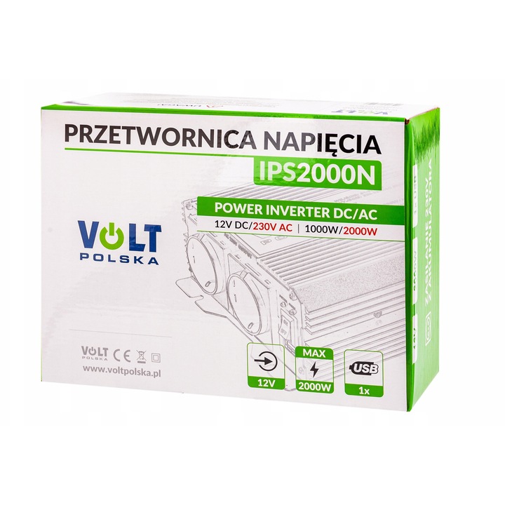 Volt Polska IPS 2000N autós inverter, 1000W/2000W, 12V-230V, 1xUSB, 237x165x69mm