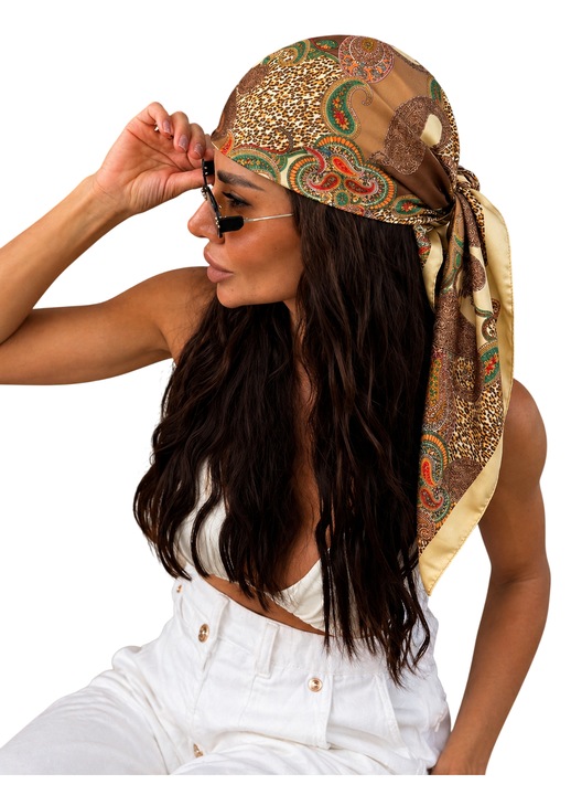 Esarfa dama satin 90x90 cm, imprimeu floral culoarea bej maro, esarfa patrata mare, bandana par / batic elegant, textura matasoasa, accesoriu versatil