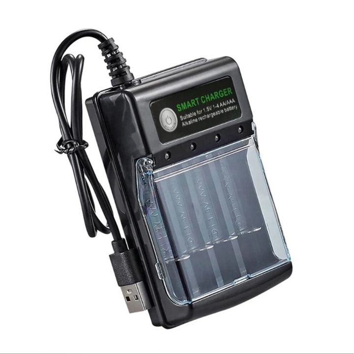 Incarcator de baterii USB inteligent / reincarcator cu 4 sloturi, compatibil AA, AAA, AAAA, 14500, 10440, 16340, incarcare independenta cu indicator, negru, 2 buc